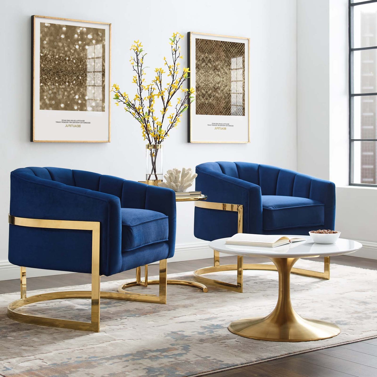 Esteem Accent Armchair Performance Velvet Set of 2, Velvet, Metal Steel, Blue Navy, 20023