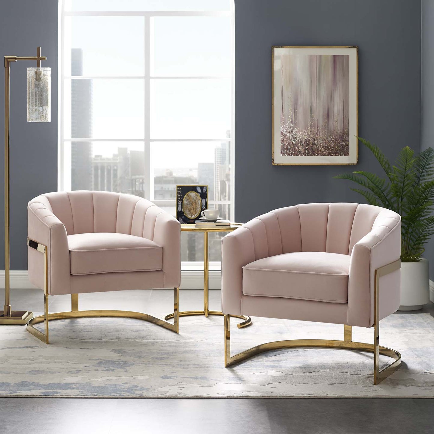 Esteem Accent Armchair Performance Velvet Set of 2, Velvet, Metal Steel, Pink, 20024