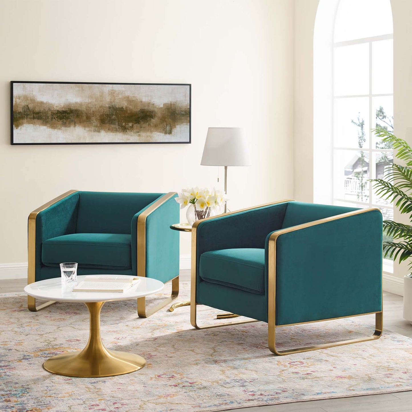 Visualize Armchair Performance Velvet Set of 2, Velvet, Metal Steel, Green, 20026