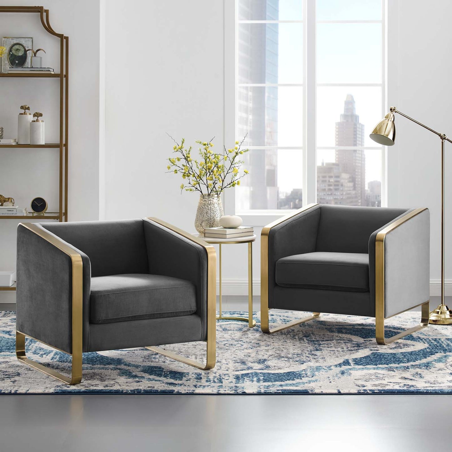 Visualize Armchair Performance Velvet Set of 2, Velvet, Metal Steel, Grey Gray, 20027
