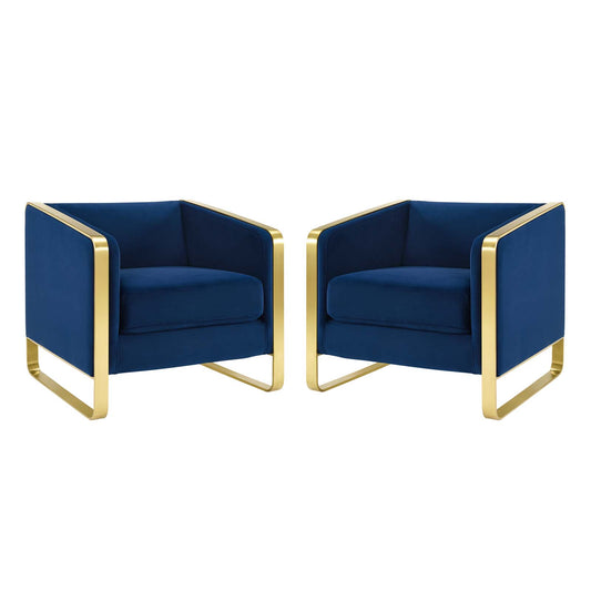 Visualize Armchair Performance Velvet Set of 2, Velvet, Metal Steel, Blue Navy, 20028