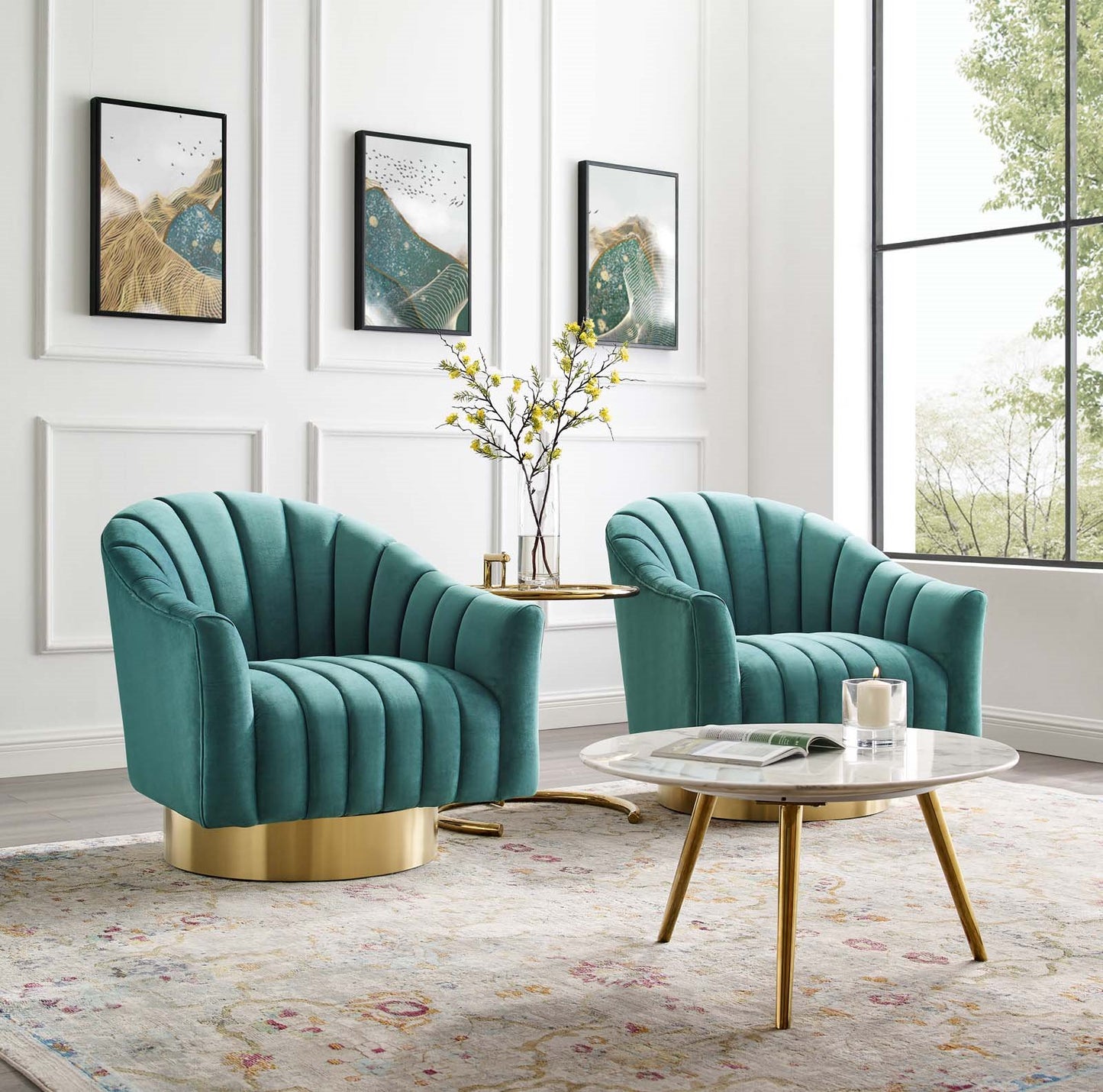 Buoyant Swivel Chair Performance Velvet Set of 2, Velvet, Metal Steel, Teal Blue, 20054