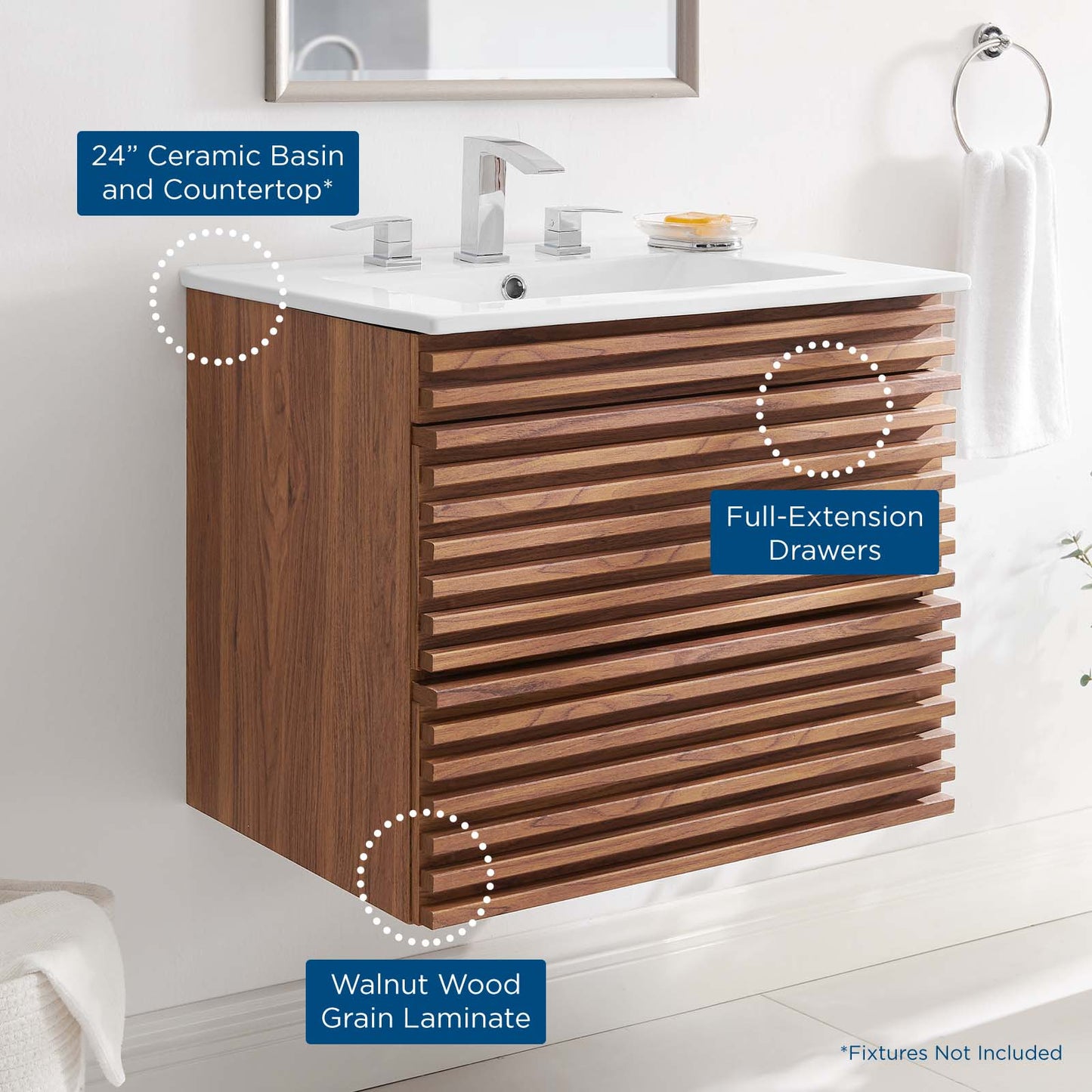 Render 24" Wall-Mount Bathroom Vanity, Wood, Brown Walnut White, 20057