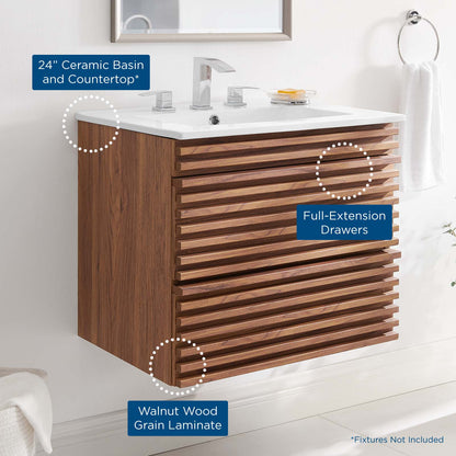 Render 24" Wall-Mount Bathroom Vanity, Wood, Brown Walnut White, 20057