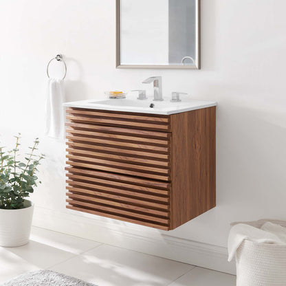 Render 24" Wall-Mount Bathroom Vanity, Wood, Brown Walnut White, 20057