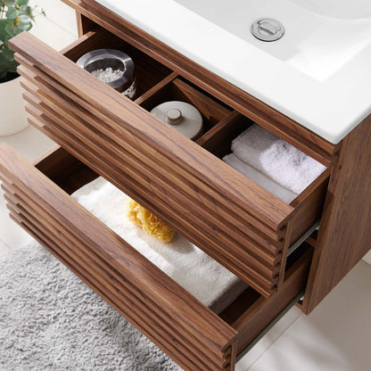 Render 24" Wall-Mount Bathroom Vanity, Wood, Brown Walnut White, 20057