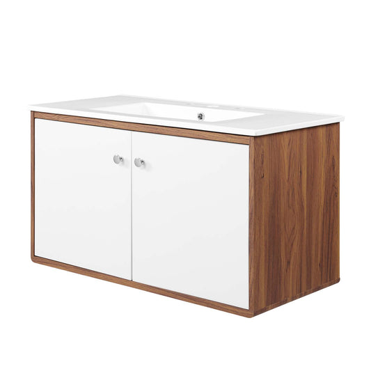 Transmit 36" Wall-Mount Bathroom Vanity, Wood, Brown Walnut White, 20058