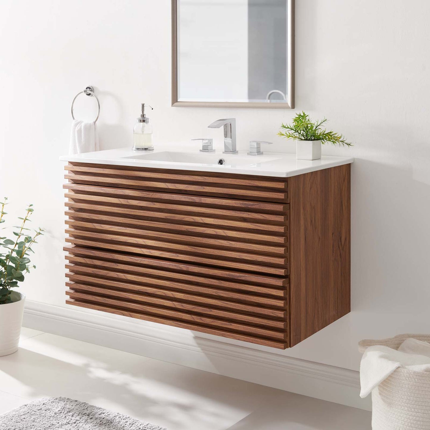 Render 36" Wall-Mount Bathroom Vanity, Wood, Brown Walnut White, 20060