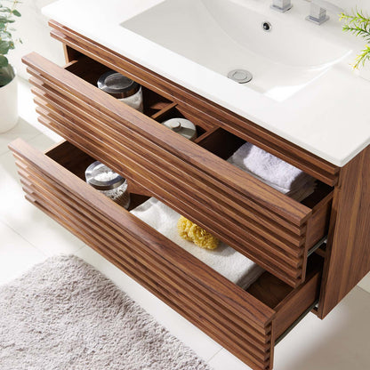 Render 36" Wall-Mount Bathroom Vanity, Wood, Brown Walnut White, 20060