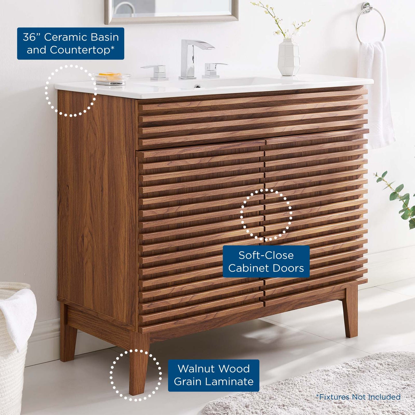 Render 36" Bathroom Vanity, Wood, Brown Walnut White, 20061