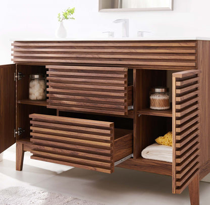 Render 48" Single Sink Bathroom Vanity, Wood, Brown Walnut White, 20063