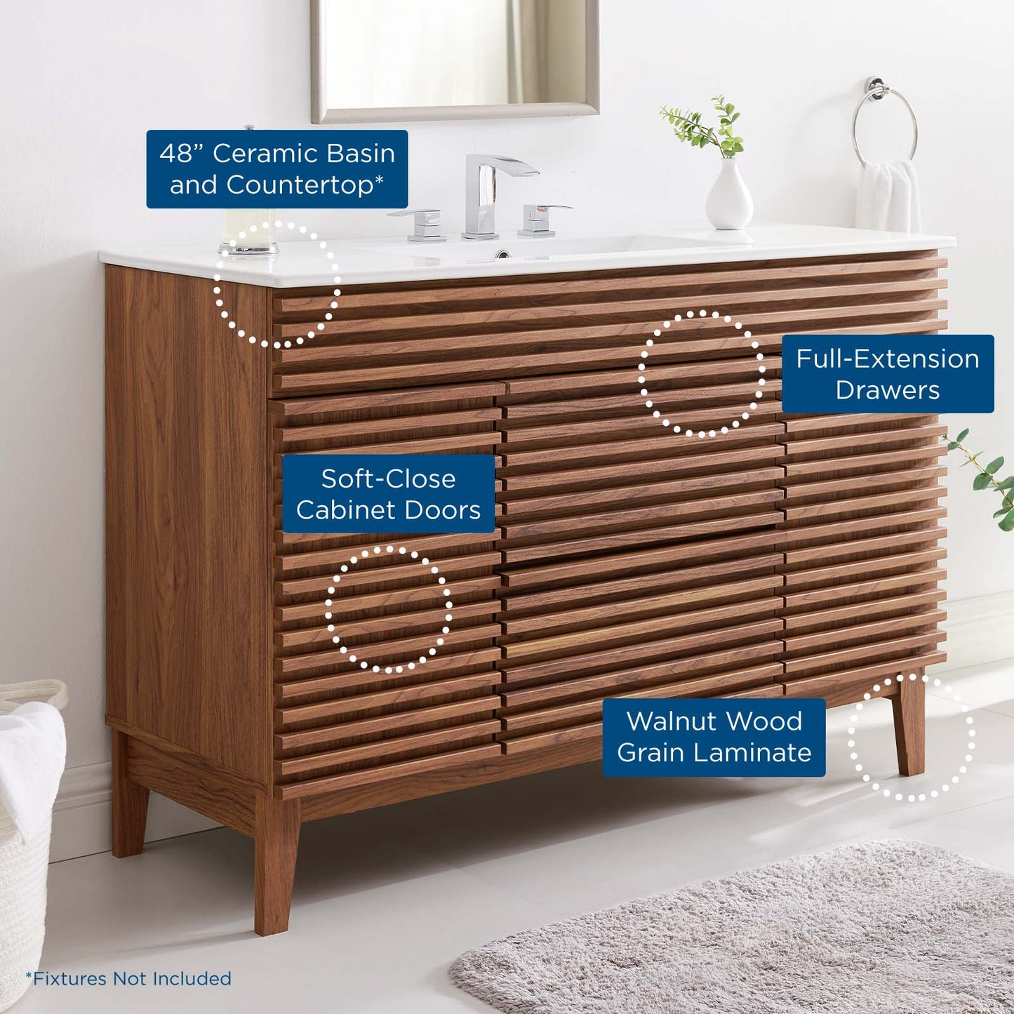 Render 48" Single Sink Bathroom Vanity, Wood, Brown Walnut White, 20063