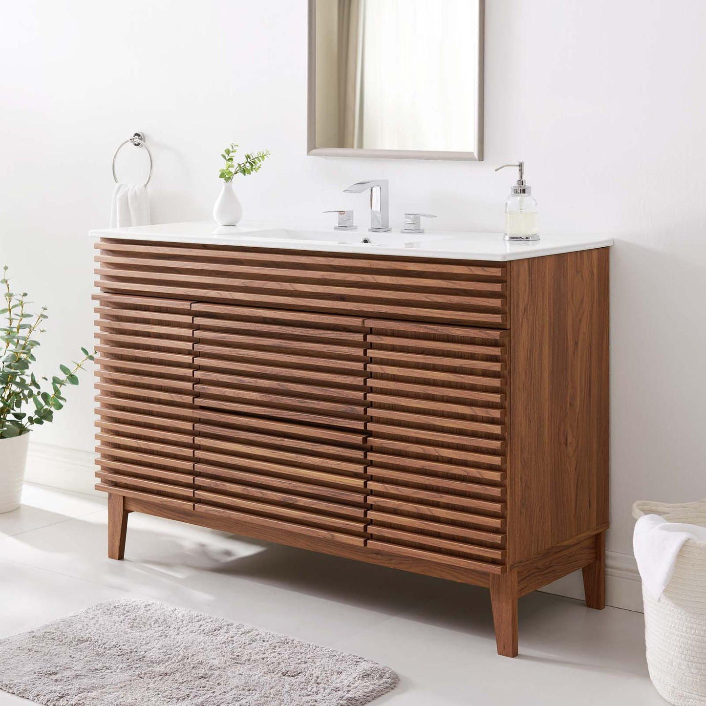 Render 48" Single Sink Bathroom Vanity, Wood, Brown Walnut White, 20063