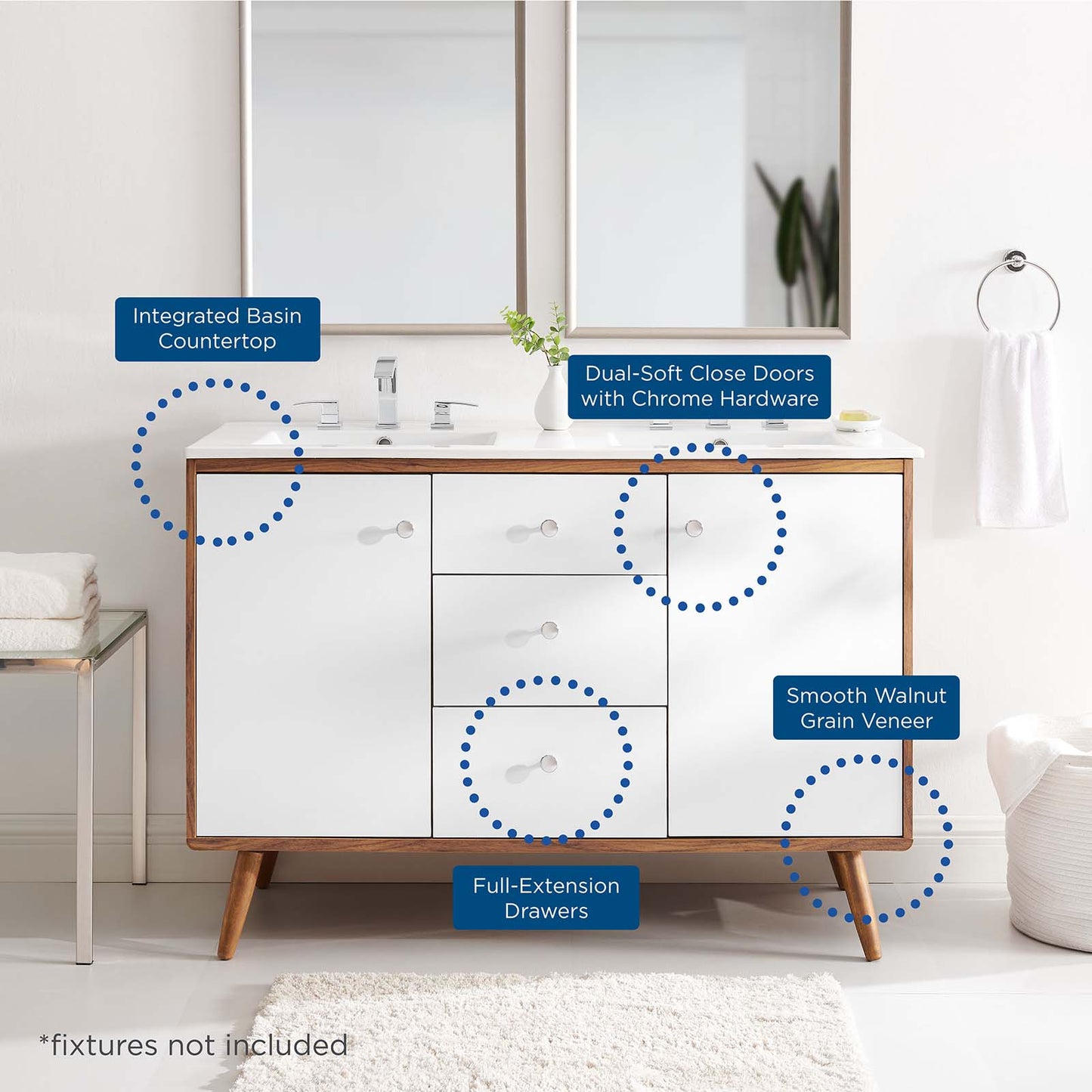 Transmit 48" Double Sink Bathroom Vanity, Wood, Brown Walnut White, 20064