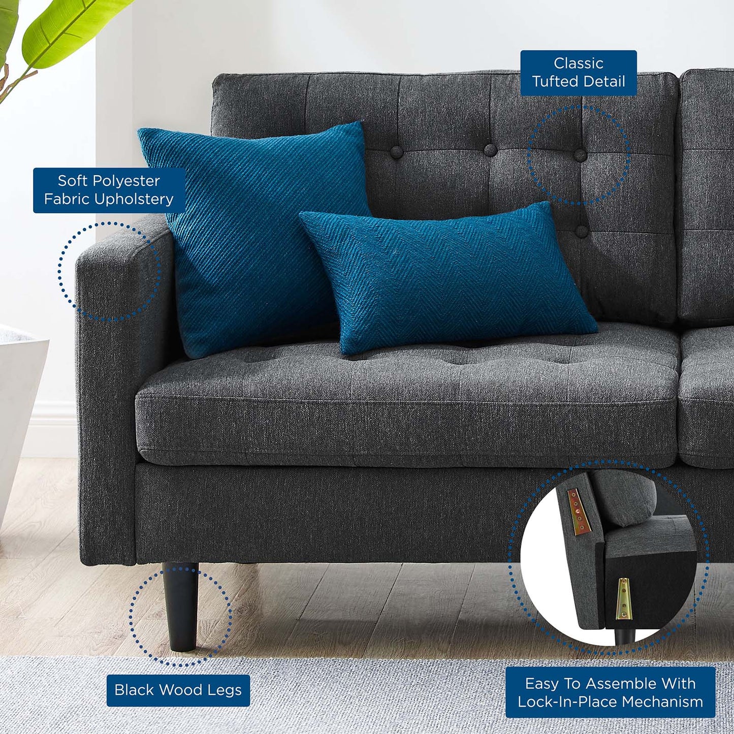 Exalt Tufted Fabric Sofa, Fabric, Dark Grey Gray, 23146