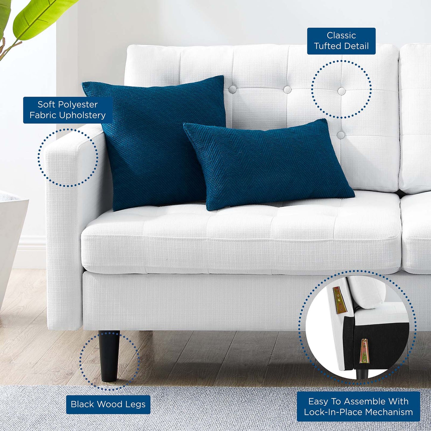 Exalt Tufted Fabric Sofa, Fabric, White, 23149