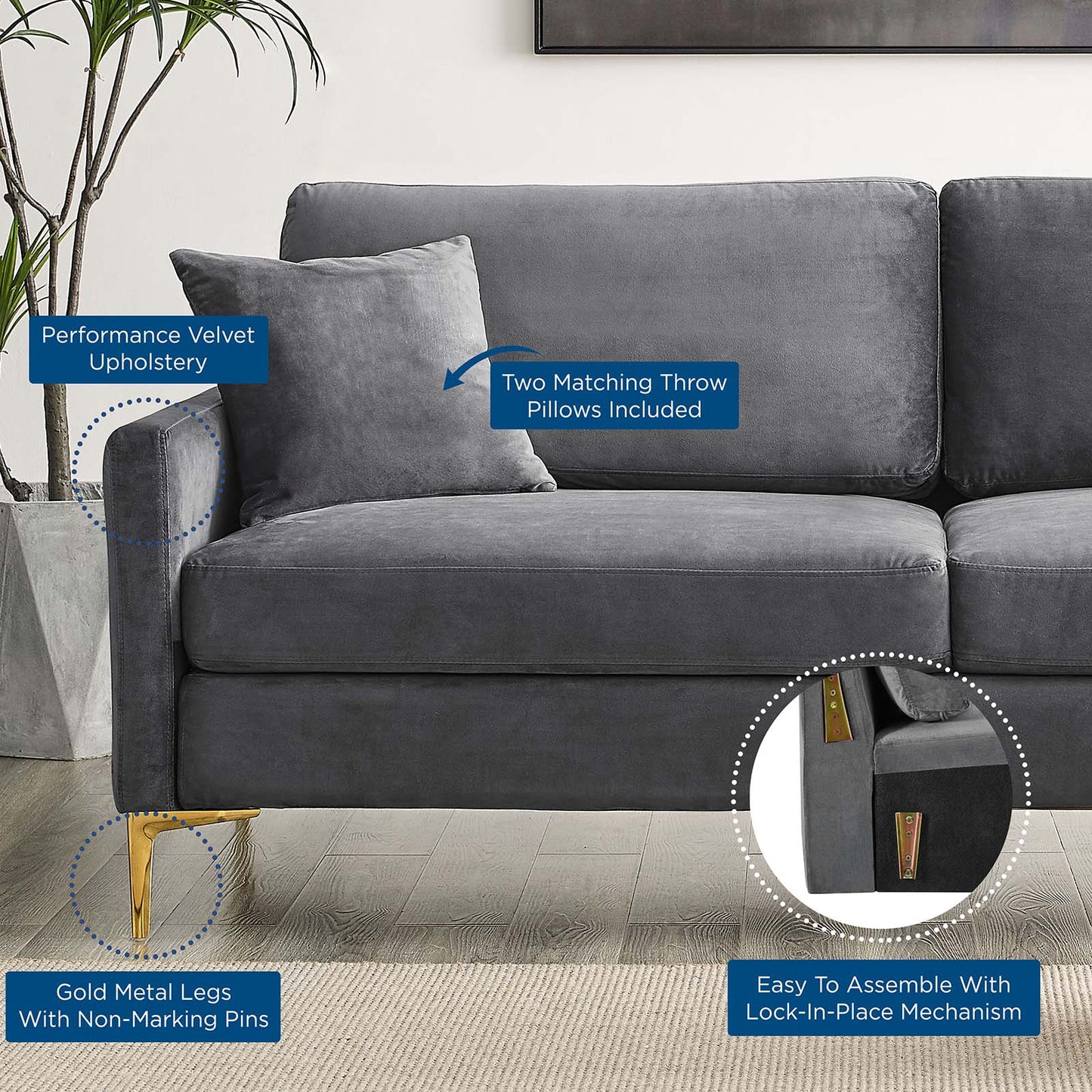 Juliana Performance Velvet Sofa, Velvet, Grey Gray, 20068