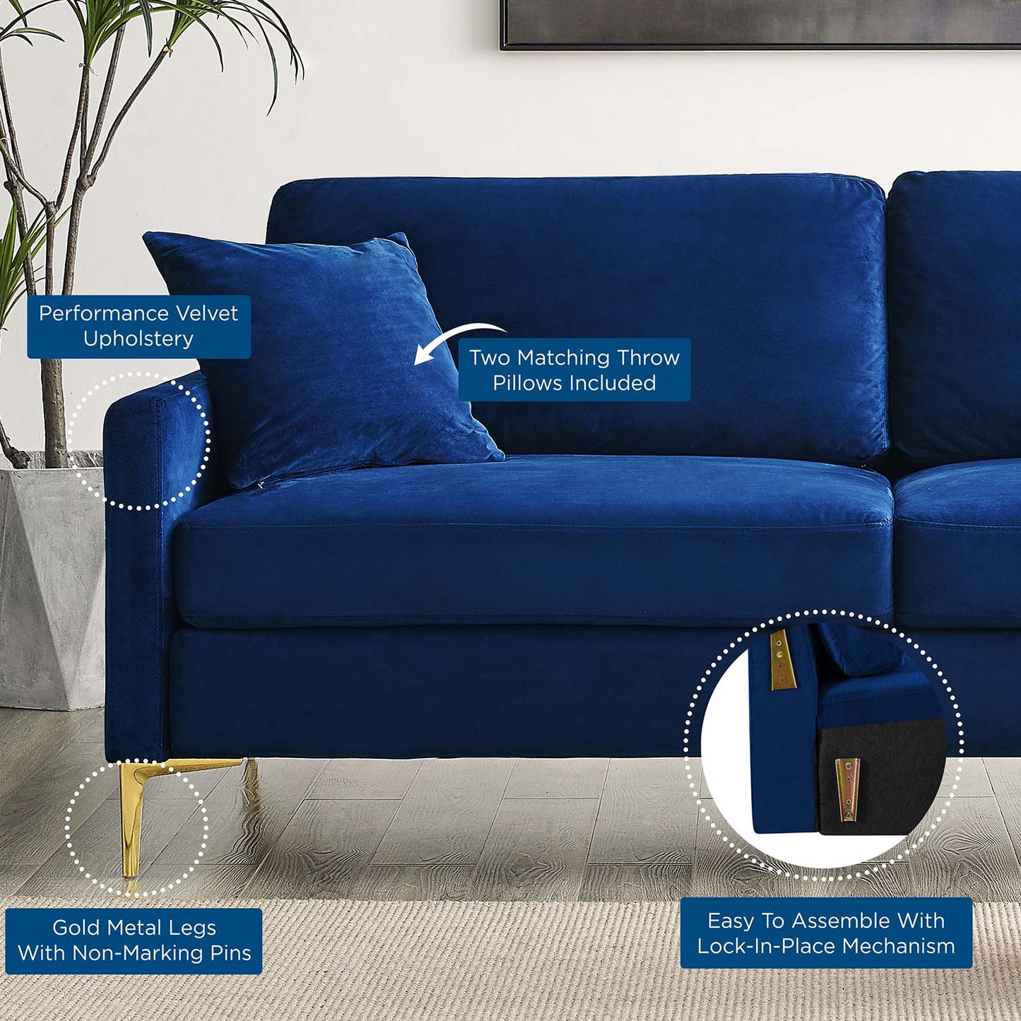 Juliana Performance Velvet Sofa, Velvet, Blue Navy, 20069