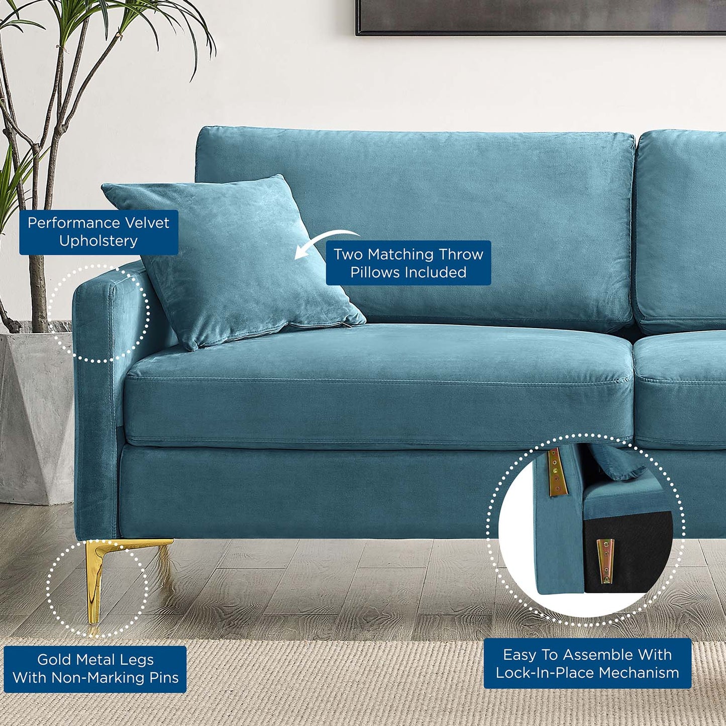 Juliana Performance Velvet Sofa, Velvet, Blue, 20070