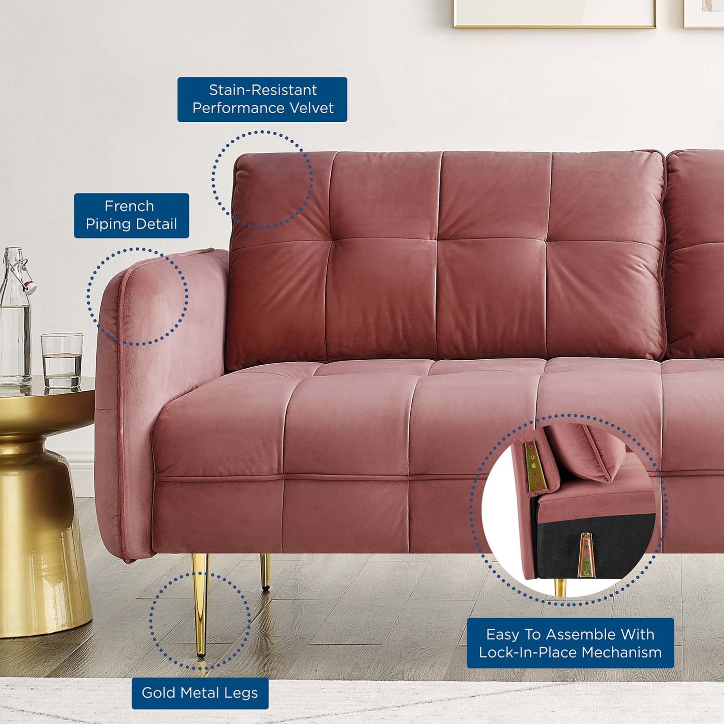 Cameron Tufted Performance Velvet Sofa, Velvet, Pink, 20076