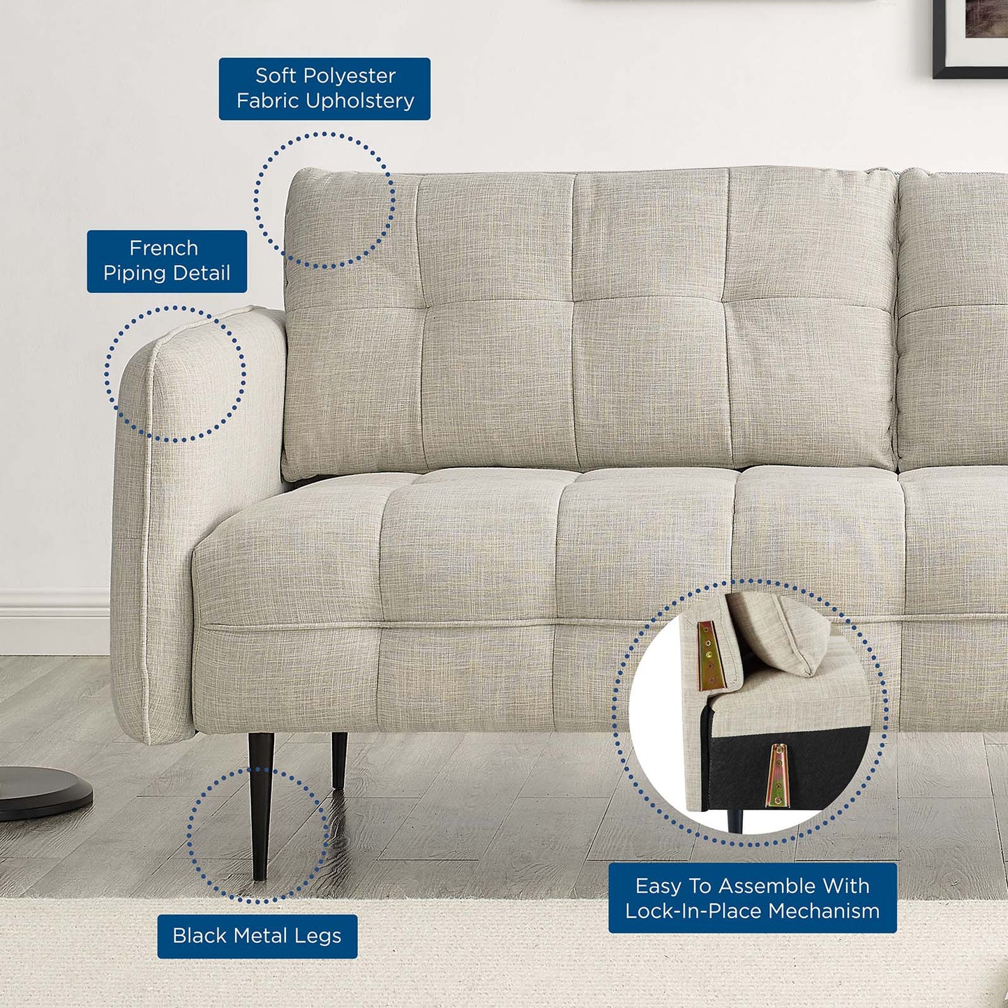 Cameron Tufted Fabric Sofa, Fabric, Beige, 20079