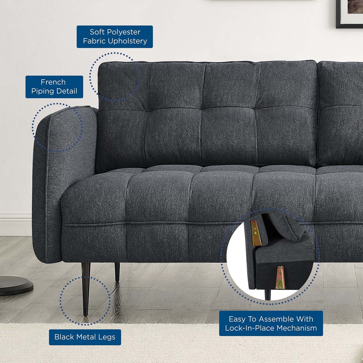 Cameron Tufted Fabric Sofa, Fabric, Dark Grey Gray, 20080