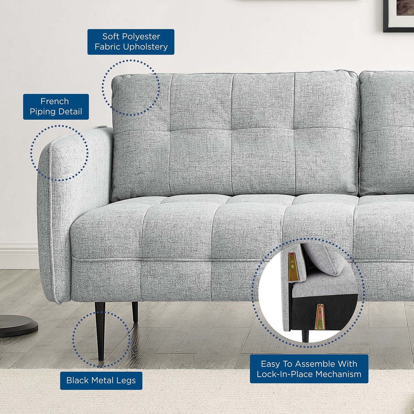 Cameron Tufted Fabric Sofa, Fabric, Light Grey Gray, 20081