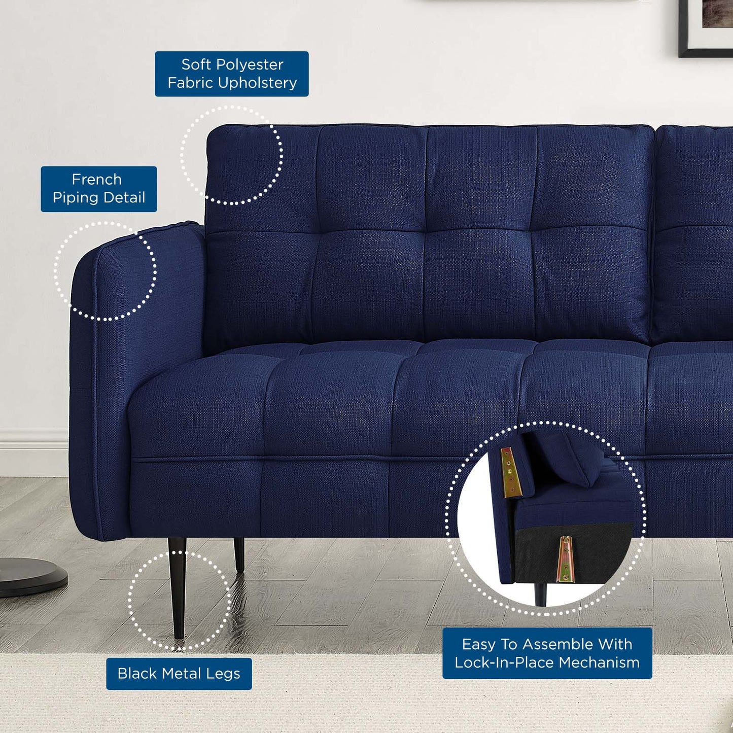 Cameron Tufted Fabric Sofa, Fabric, Dark Blue, 20082