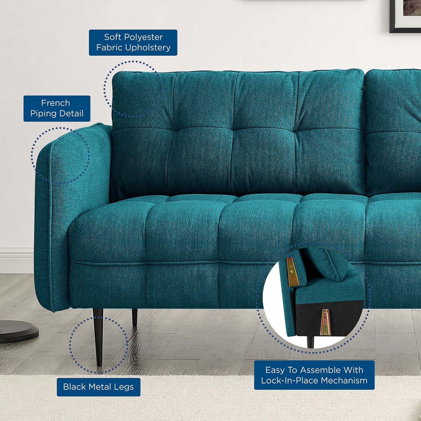 Cameron Tufted Fabric Sofa, Fabric, Teal Blue, 20083