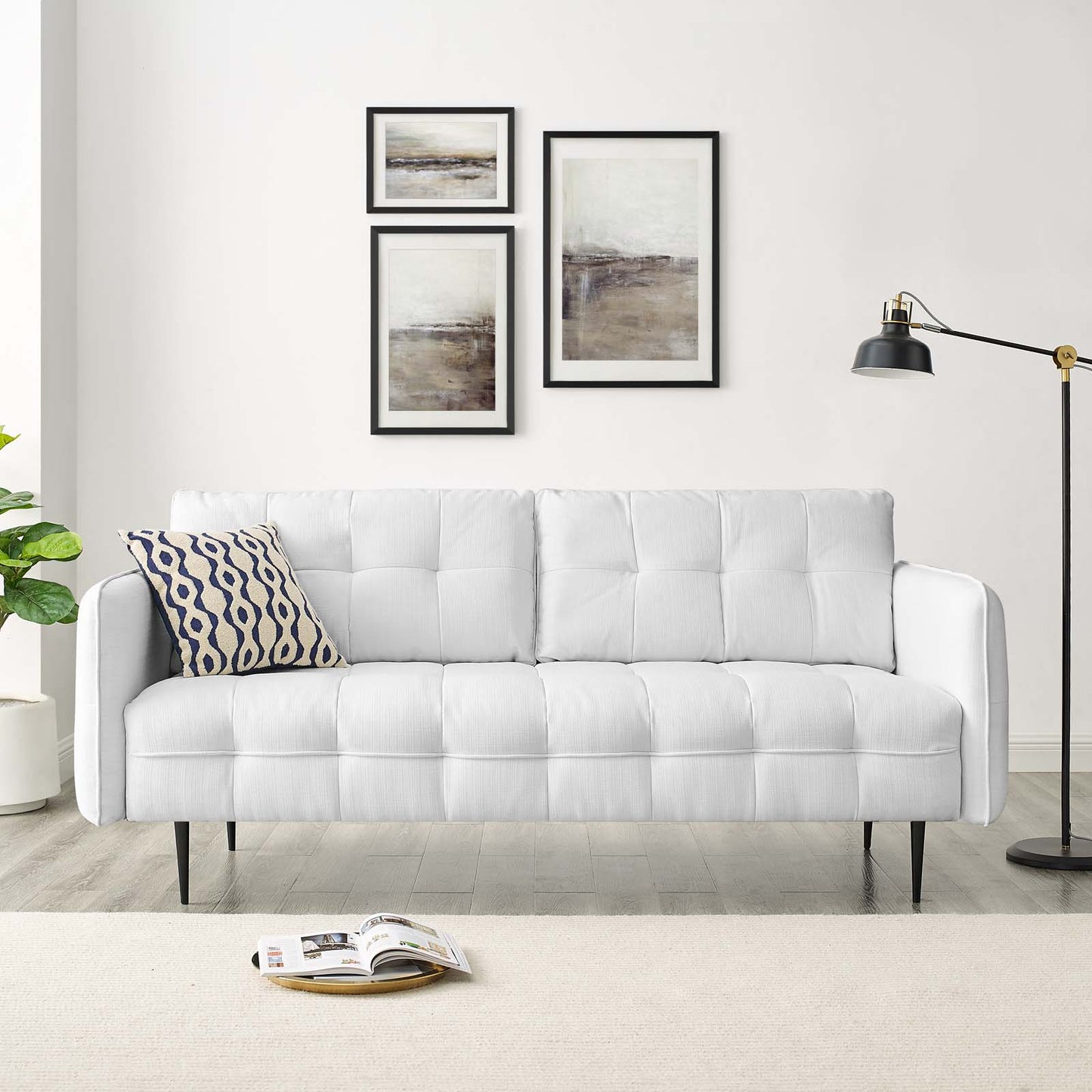Cameron Tufted Fabric Sofa, Fabric, White, 20084