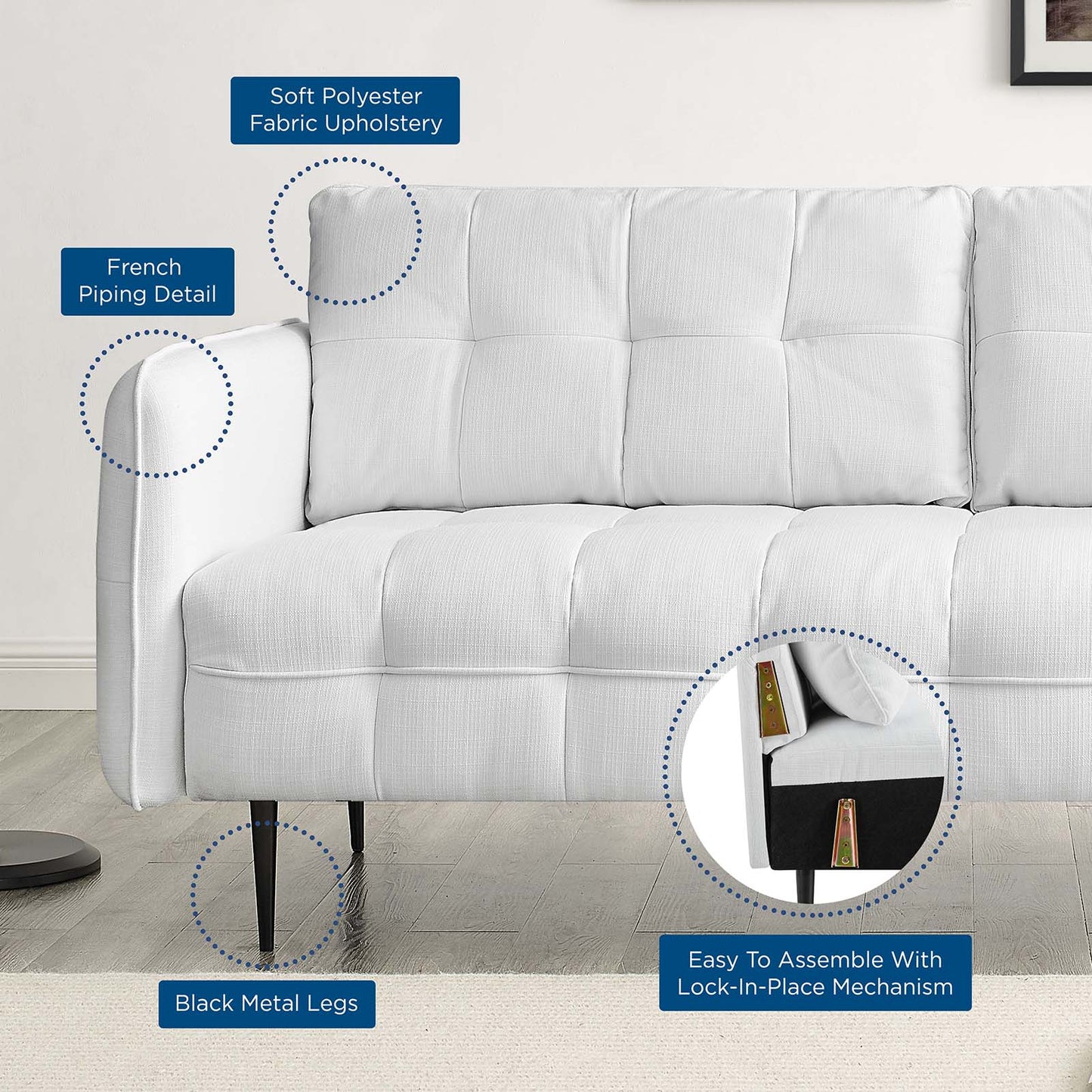 Cameron Tufted Fabric Sofa, Fabric, White, 20084