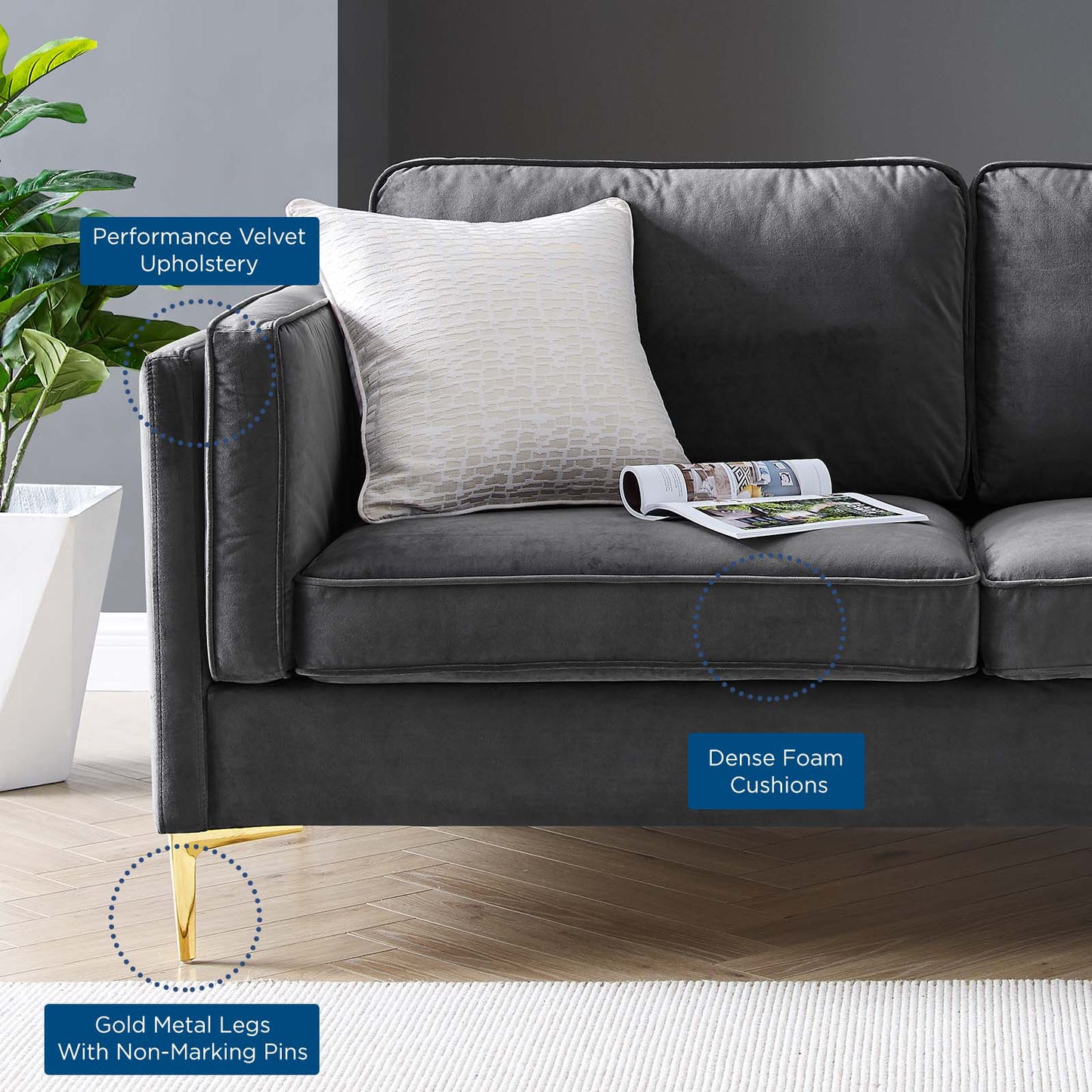 Kaiya Performance Velvet Sofa, Velvet, Dark Grey Gray, 20086