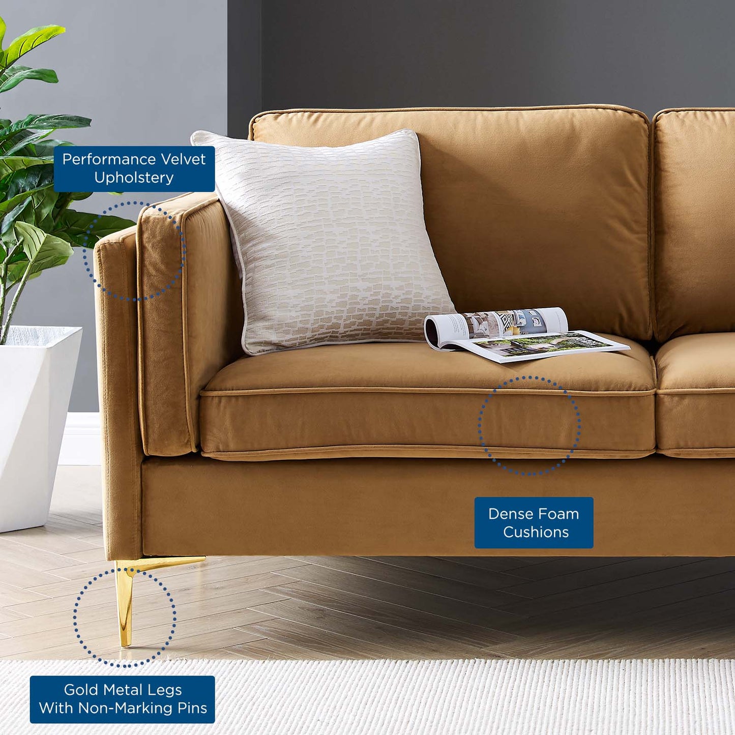 Kaiya Performance Velvet Sofa, Velvet, Brown, 20087