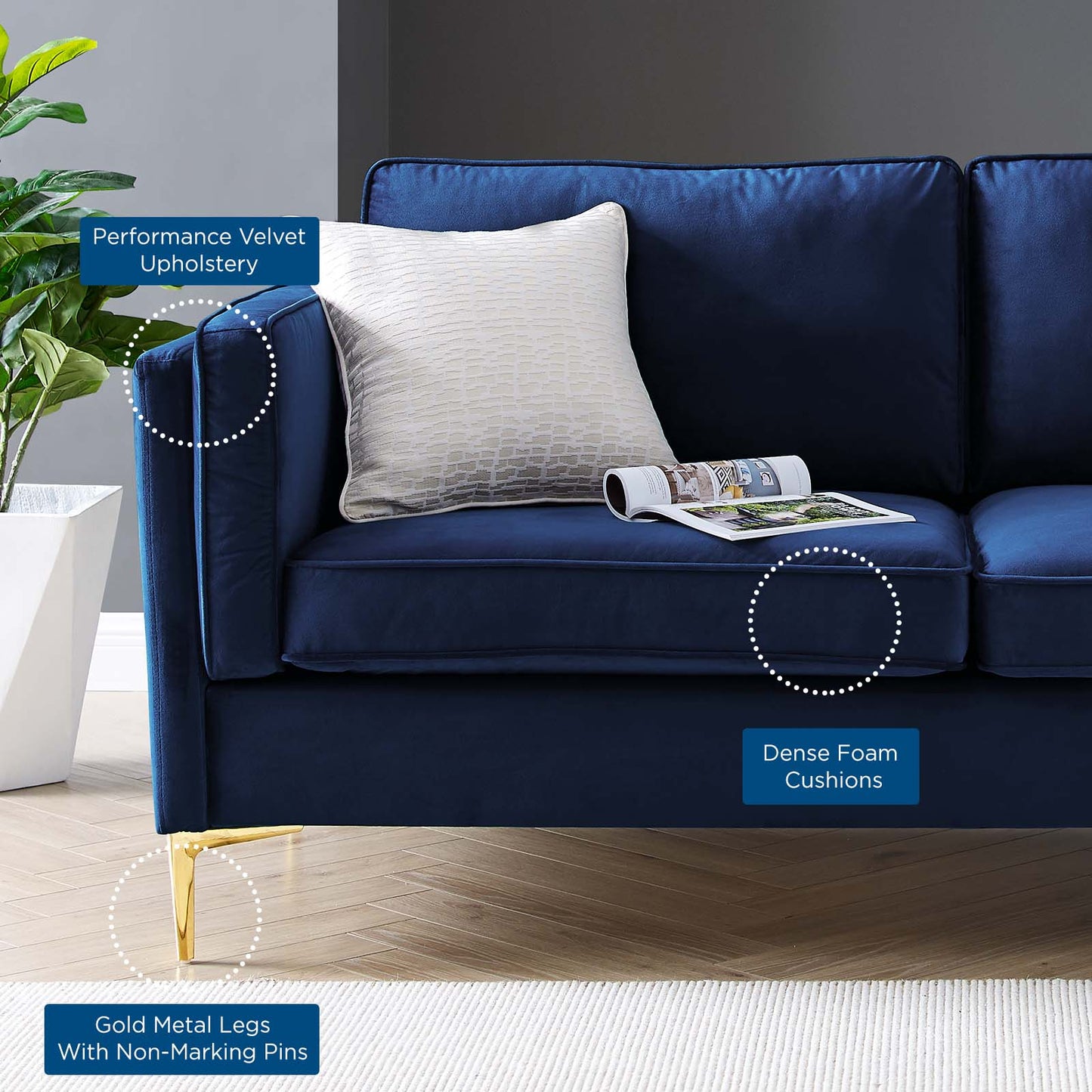 Kaiya Performance Velvet Sofa, Velvet, Dark Blue, 20088
