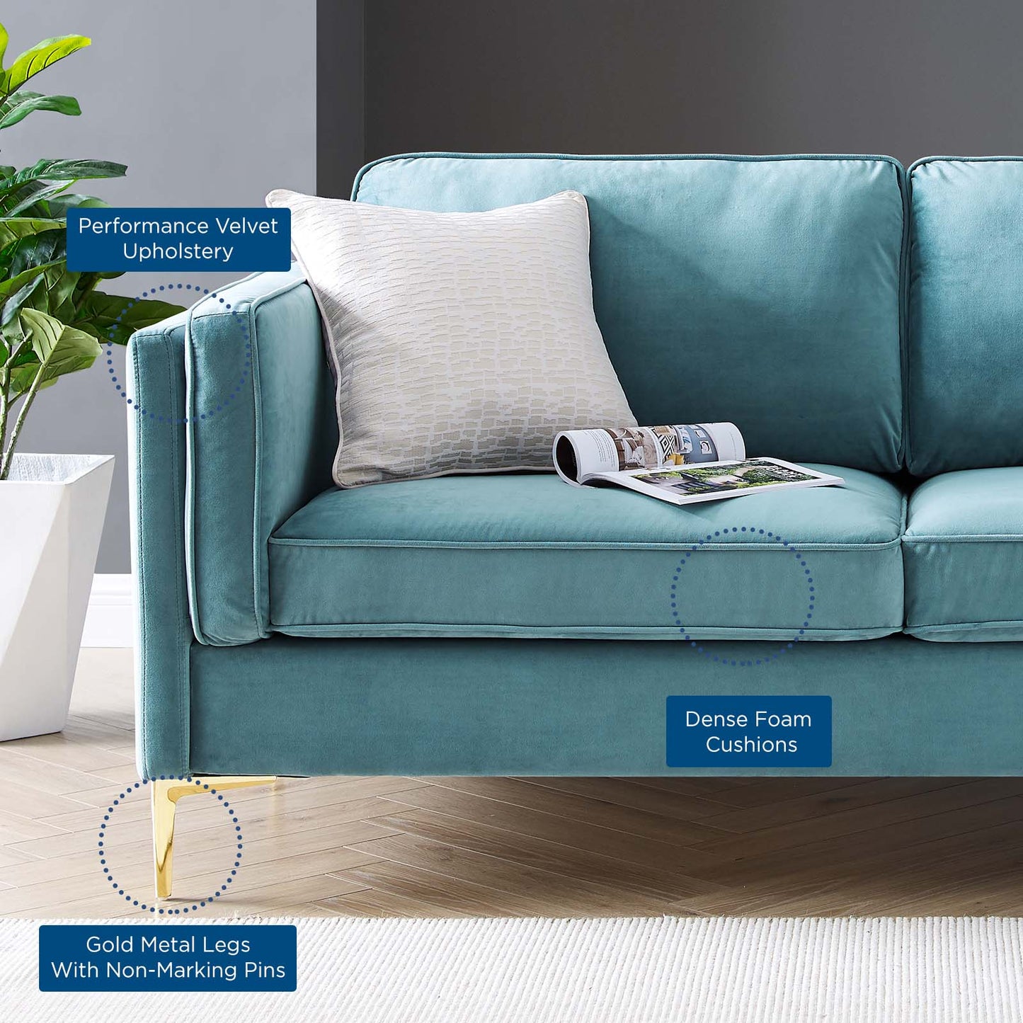 Kaiya Performance Velvet Sofa, Velvet, Blue, 20089