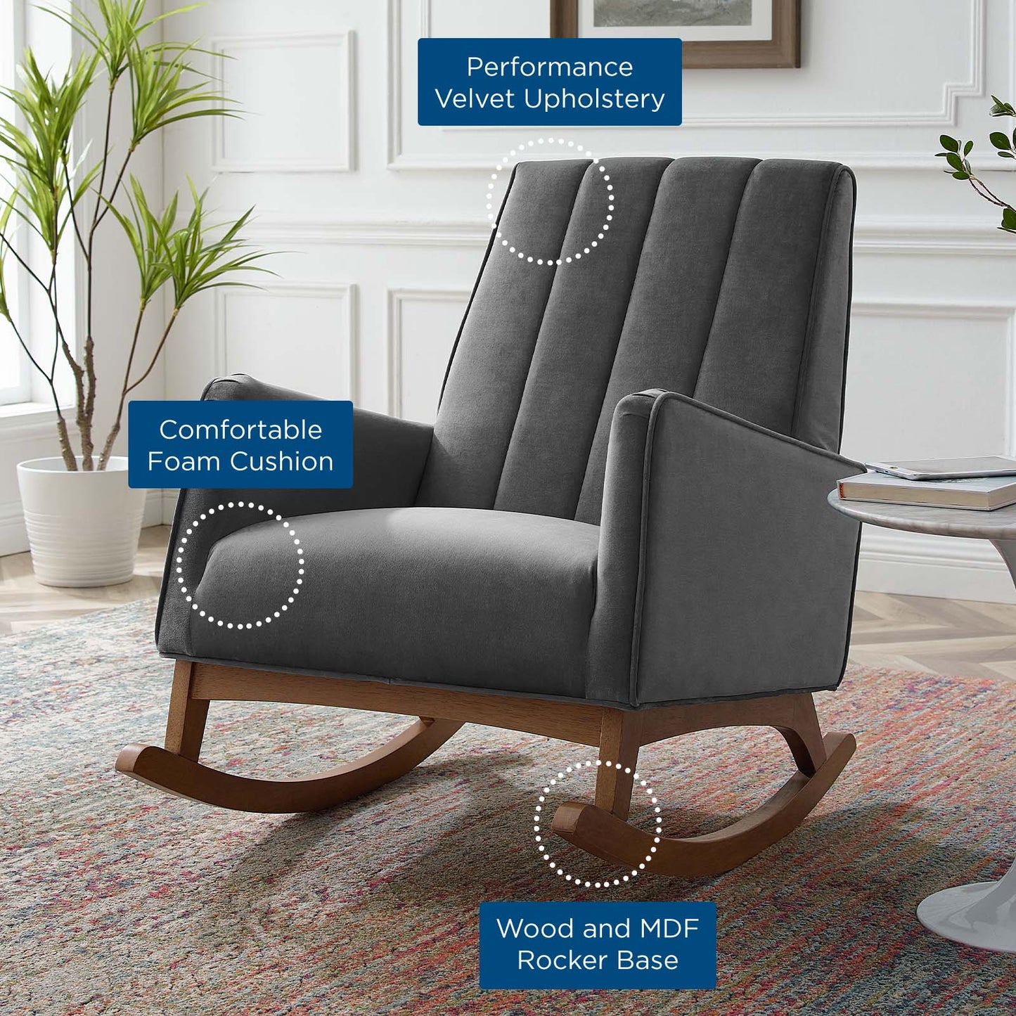 Sway Performance Velvet Rocking Chair, Velvet, Grey Gray, 20094