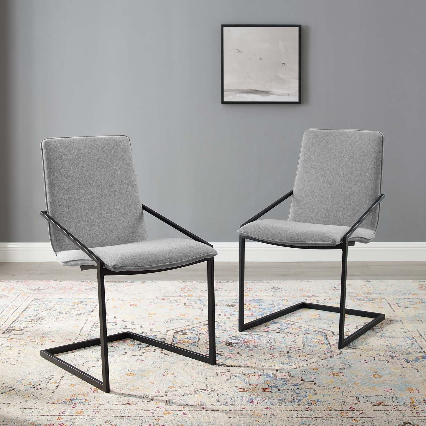 Pitch Dining Armchair Upholstered Fabric Set of 2, Fabric, Metal Steel, Black Grey Gray, 20114