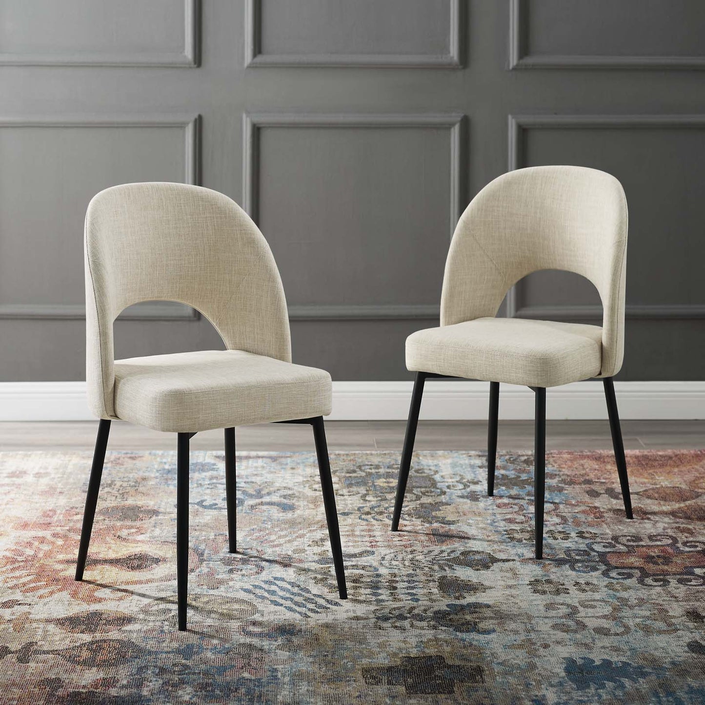 Rouse Dining Side Chair Upholstered Fabric Set of 2, Fabric, Metal Steel, Black Beige, 20116