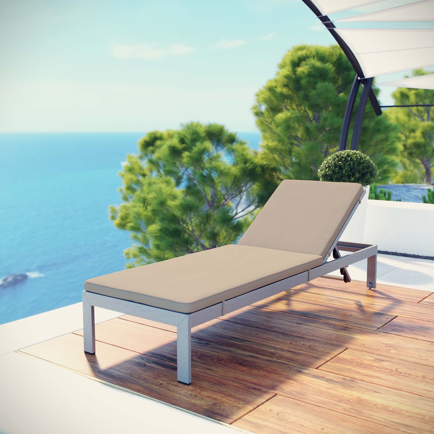 Shore Outdoor Patio Aluminum Chaise with Cushions, Aluminum, Metal, Steel, Silver Beige, 20126
