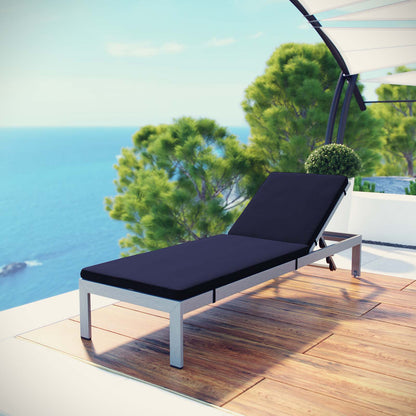 Shore Outdoor Patio Aluminum Chaise with Cushions, Aluminum, Metal, Steel, Silver Blue Navy, 20129