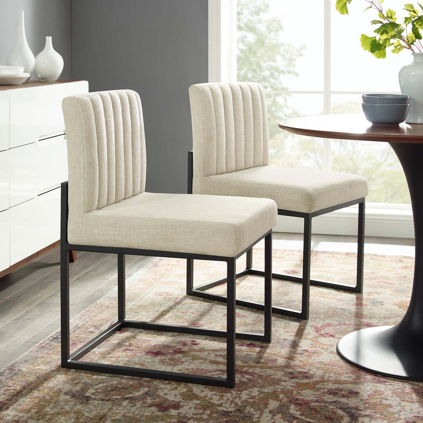 Carriage Dining Chair Upholstered Fabric Set of 2, Fabric, Metal Steel, Black Beige, 20157