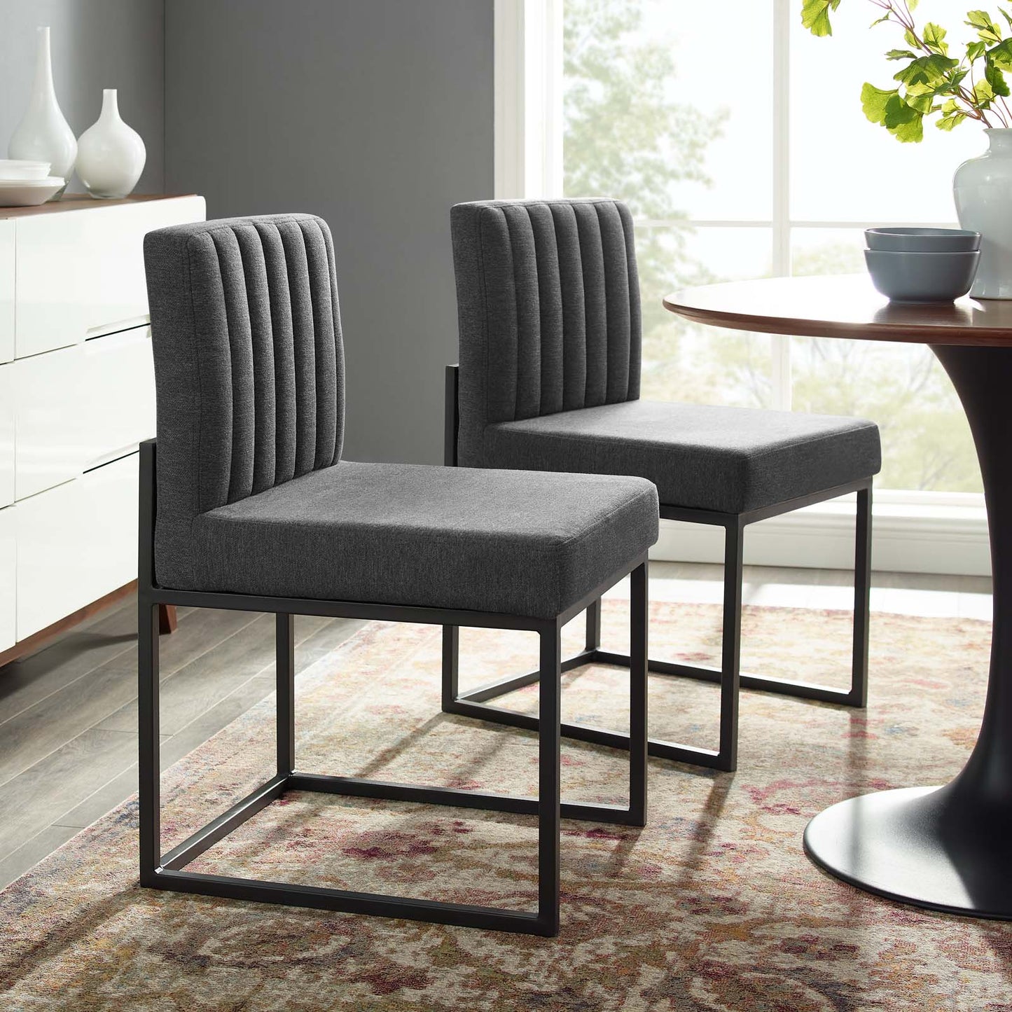 Carriage Dining Chair Upholstered Fabric Set of 2, Fabric, Metal Steel, Black Grey Gray, 20158