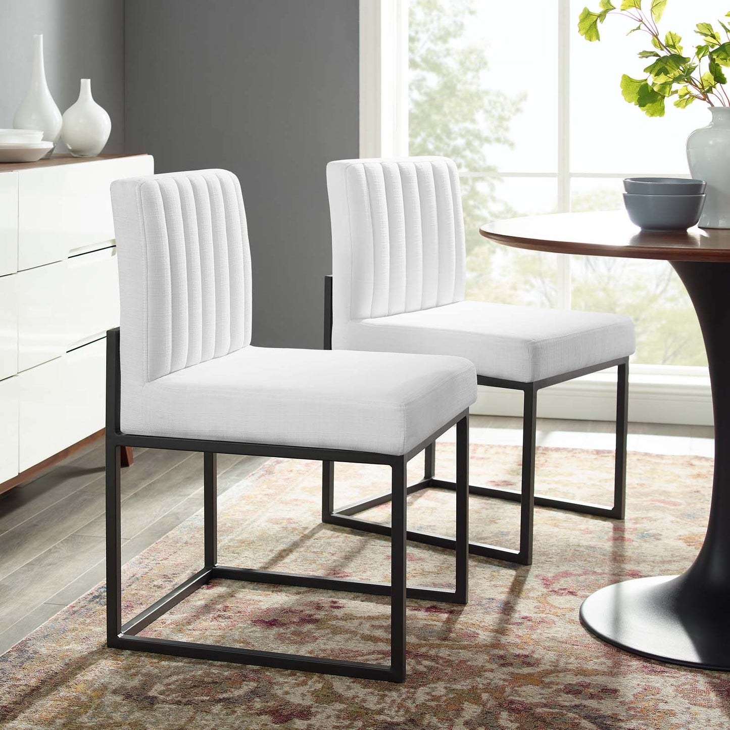 Carriage Dining Chair Upholstered Fabric Set of 2, Fabric, Metal Steel, Black White, 20160