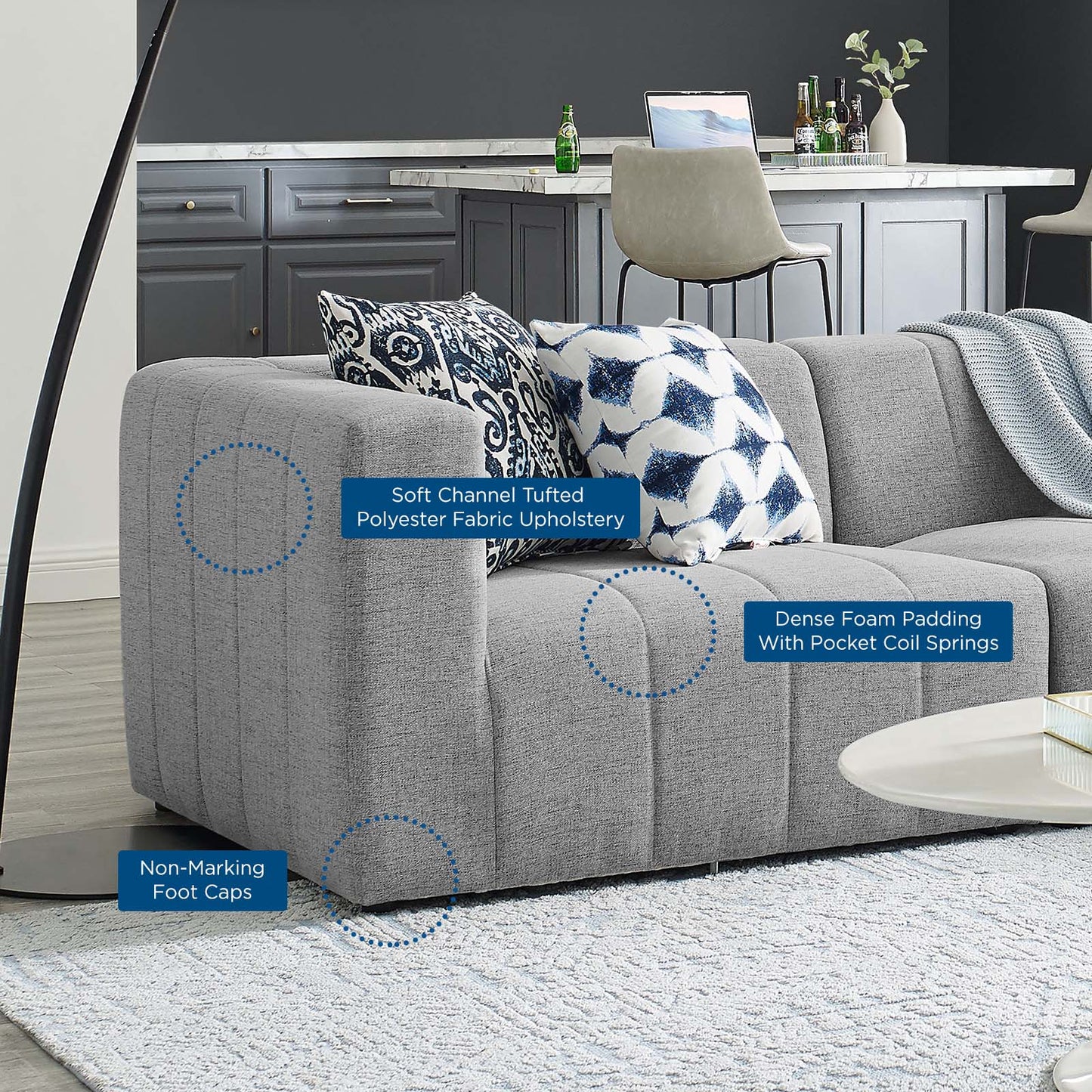 Bartlett Upholstered Fabric Upholstered Fabric 4-Piece Sectional Sofa, Fabric, Light Grey Gray, 20174