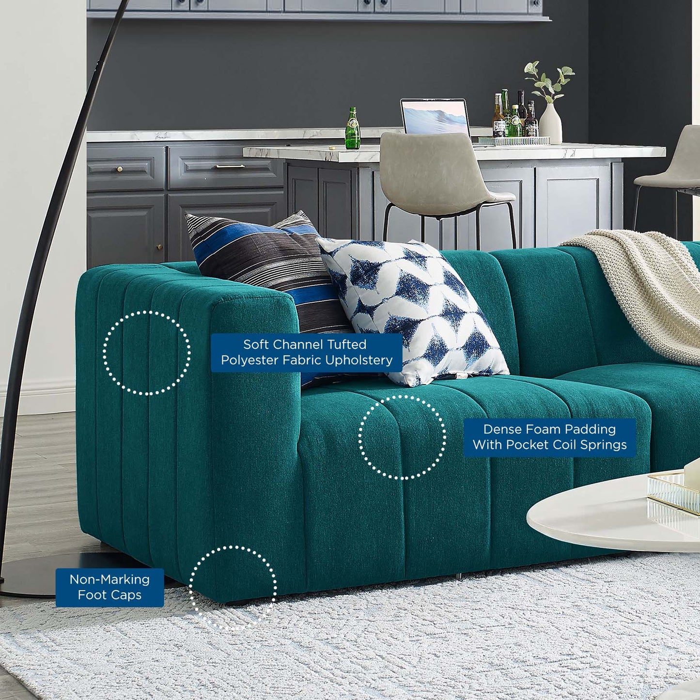 Bartlett Upholstered Fabric Upholstered Fabric 4-Piece Sectional Sofa, Fabric, Teal Blue, 20175