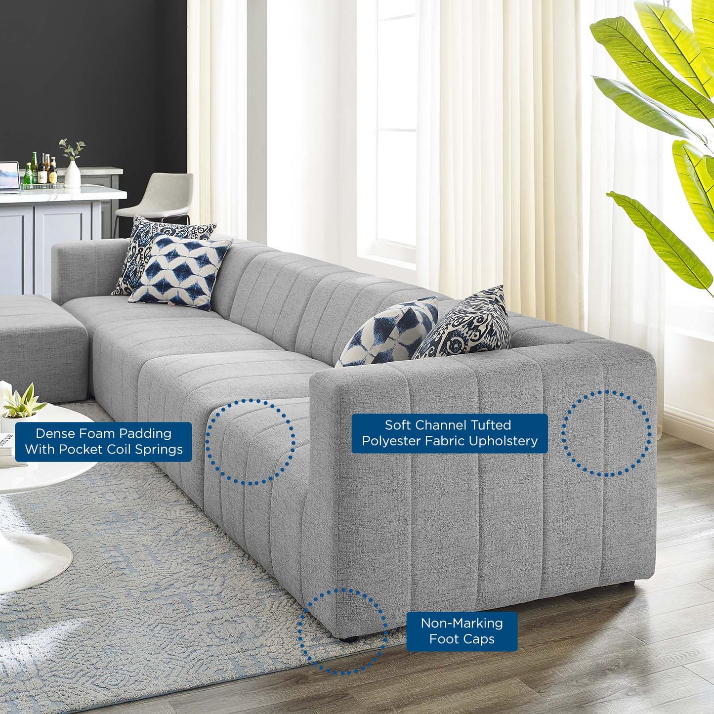 Bartlett Upholstered Fabric Upholstered Fabric 5-Piece Sectional Sofa, Fabric, Light Grey Gray, 20178