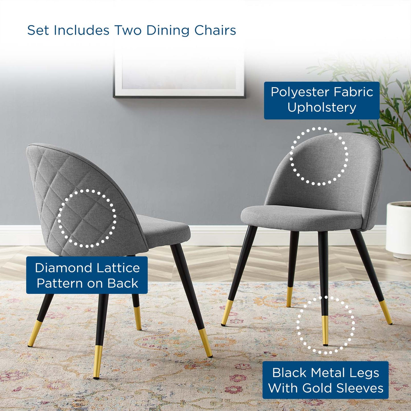 Cordial Upholstered Fabric Dining Chairs - Set of 2, Fabric, Light Grey Gray, 20192