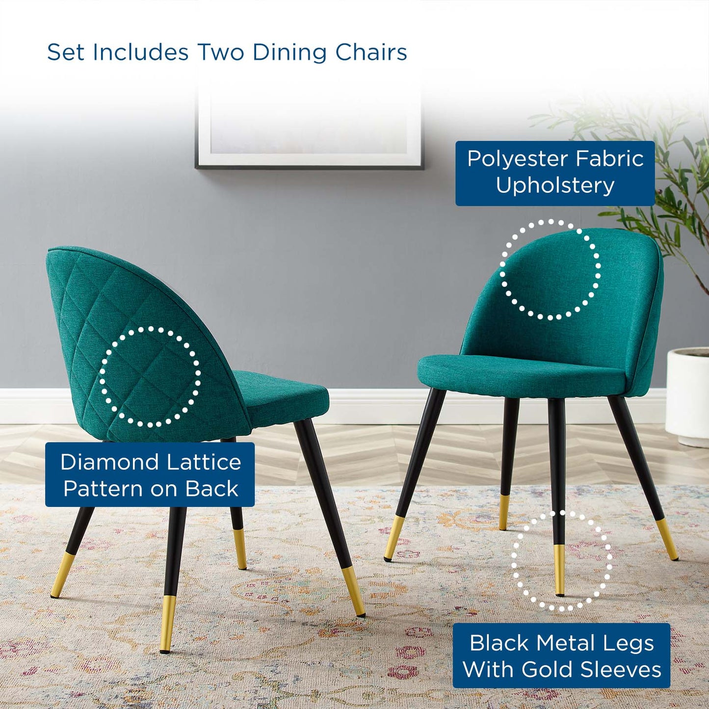 Cordial Upholstered Fabric Dining Chairs - Set of 2, Fabric, Teal Blue, 20193