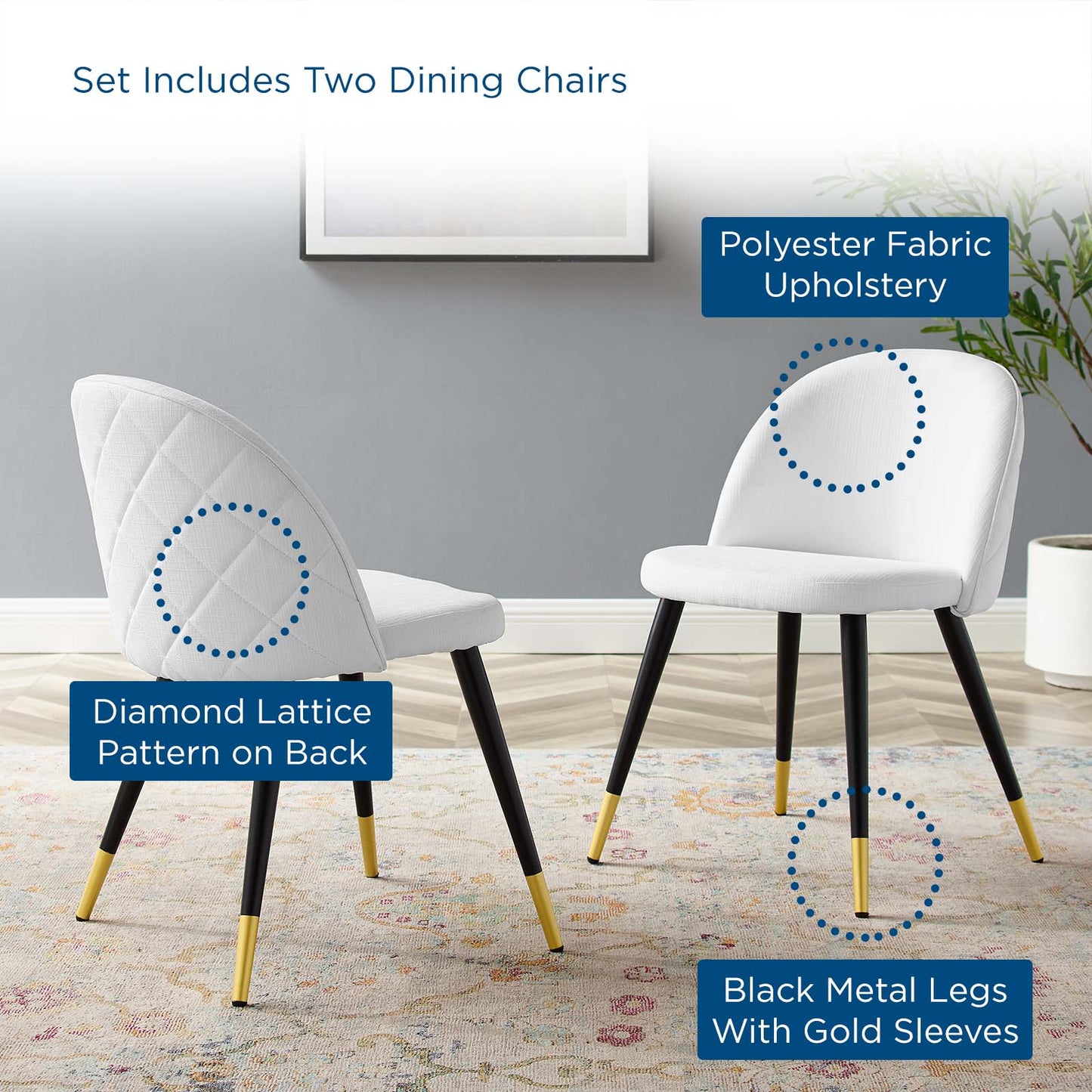 Cordial Upholstered Fabric Dining Chairs - Set of 2, Fabric, White, 20194