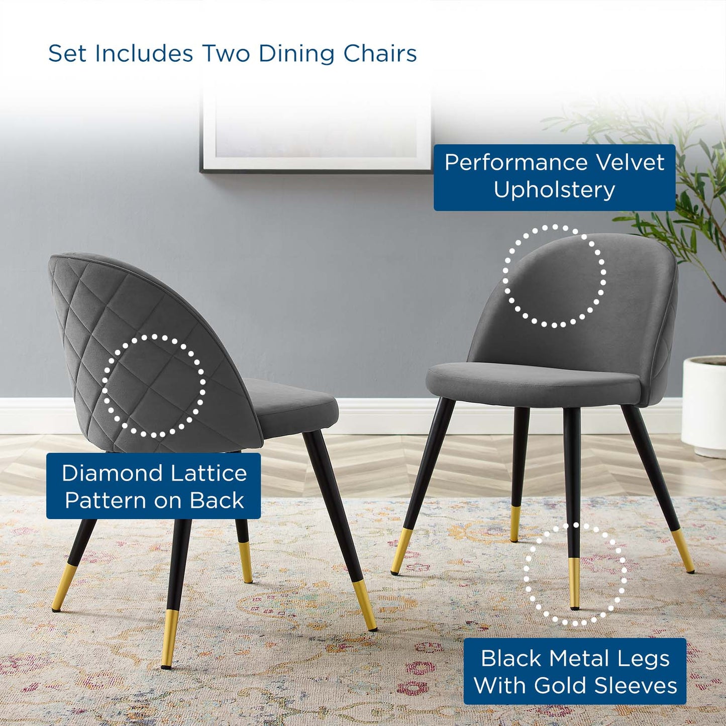 Cordial Performance Velvet Dining Chairs - Set of 2, Velvet, Grey Gray, 20196